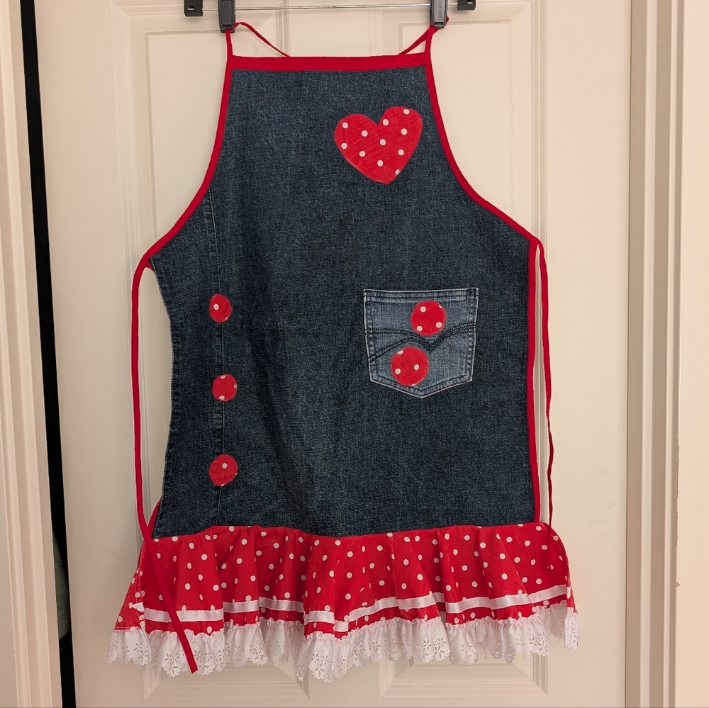 Americana Denim Apron with Red Polka Dots